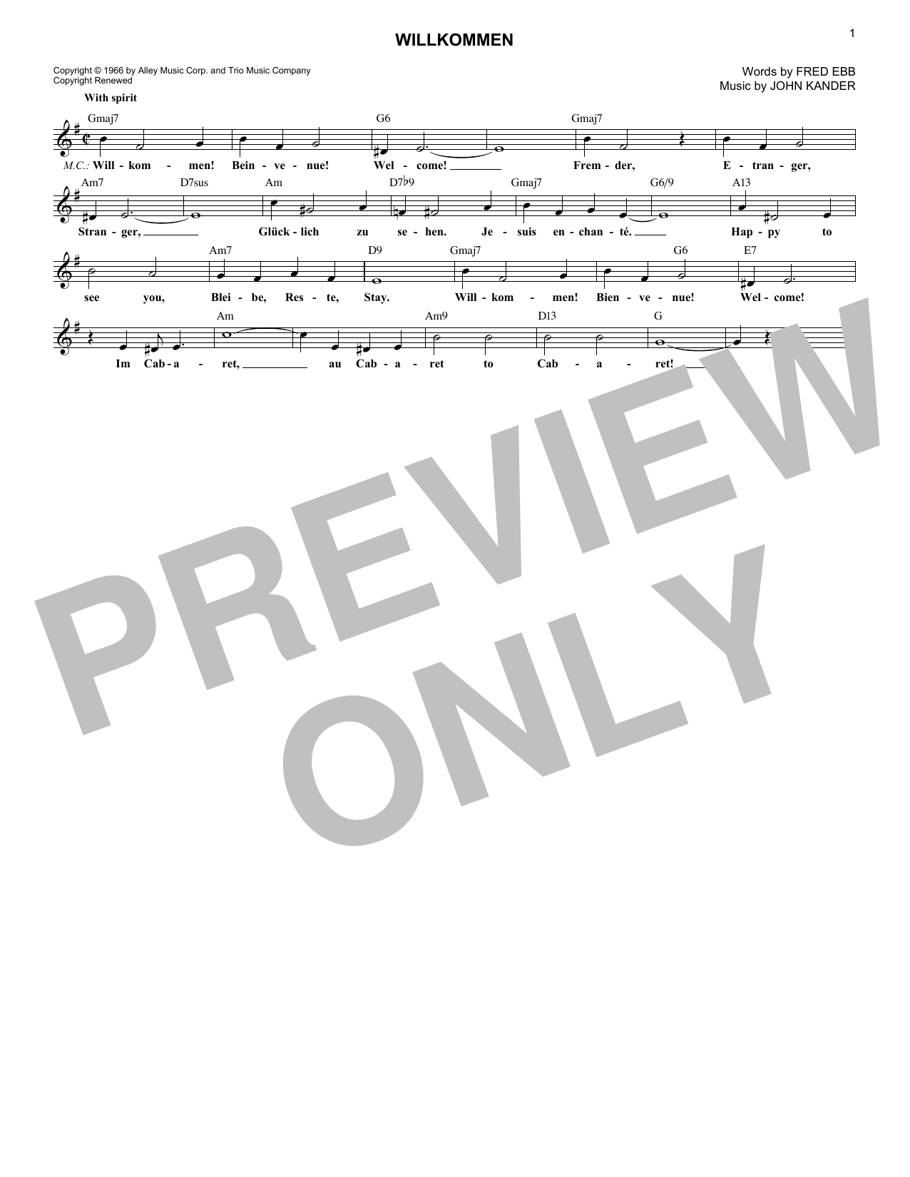 Fred Ebb Willkommen Sheet Music Notes & Chords for Melody Line, Lyrics & Chords - Download or Print PDF
