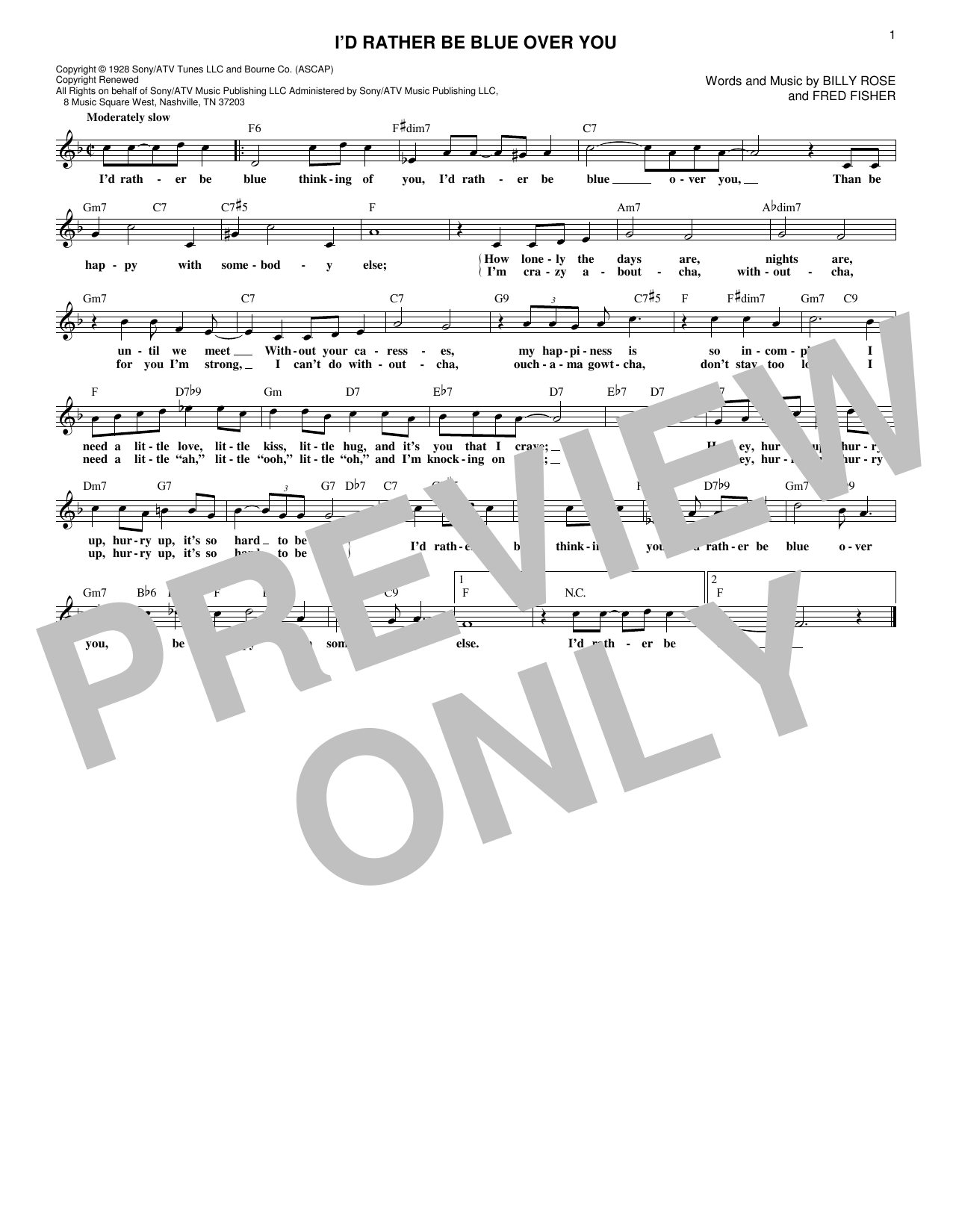 Fred Fisher I'd Rather Be Blue Over You Sheet Music Notes & Chords for Melody Line, Lyrics & Chords - Download or Print PDF