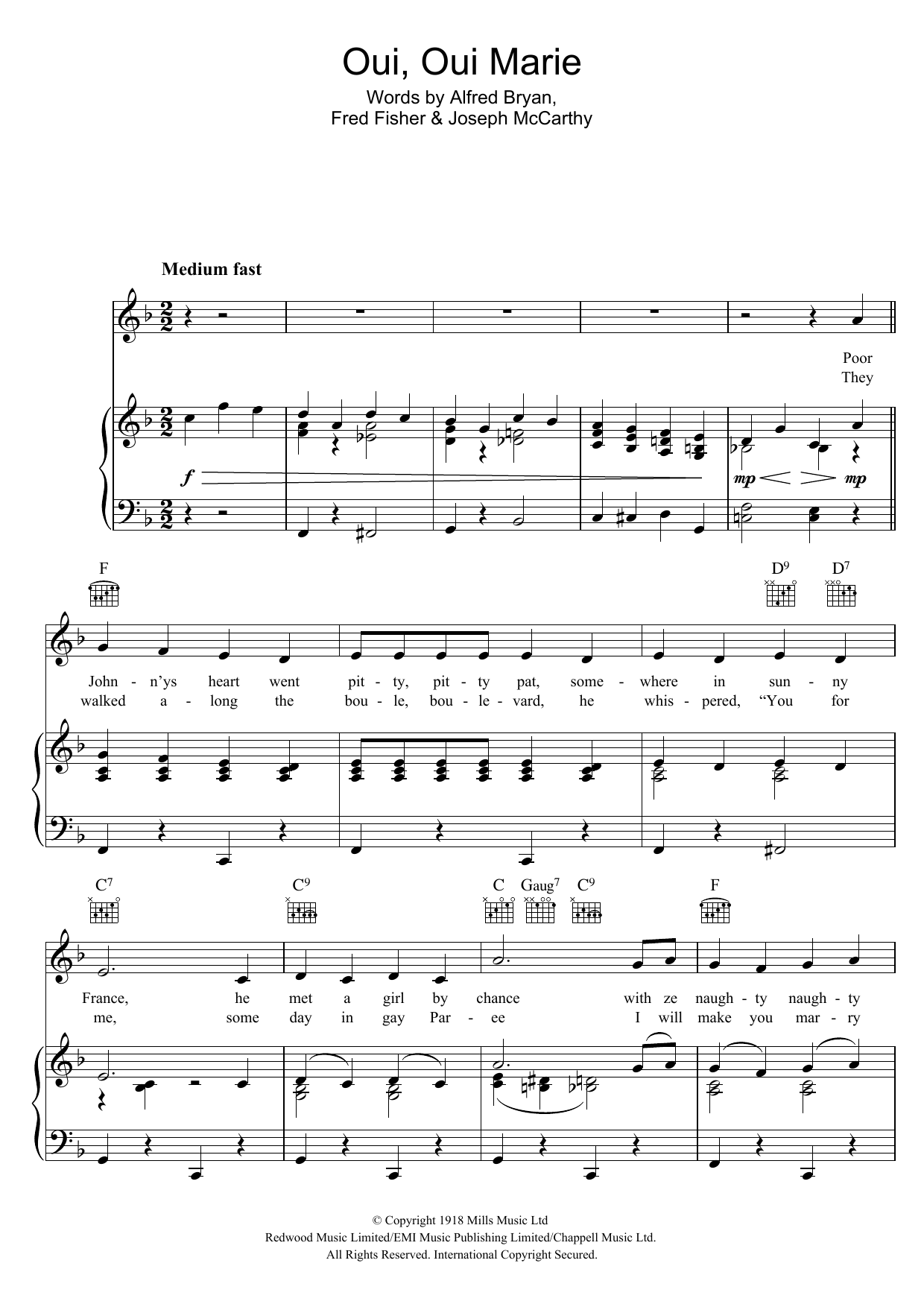 Fred Fisher Oui, Oui Marie Sheet Music Notes & Chords for Piano, Vocal & Guitar (Right-Hand Melody) - Download or Print PDF