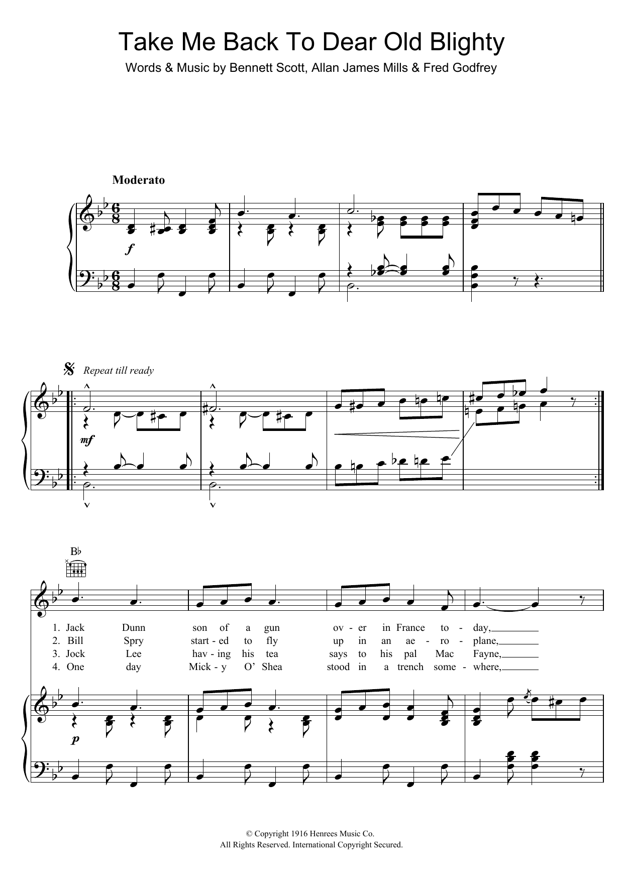 Fred Godfrey Take Me Back To Dear Old Blighty Sheet Music Notes & Chords for Piano, Vocal & Guitar (Right-Hand Melody) - Download or Print PDF