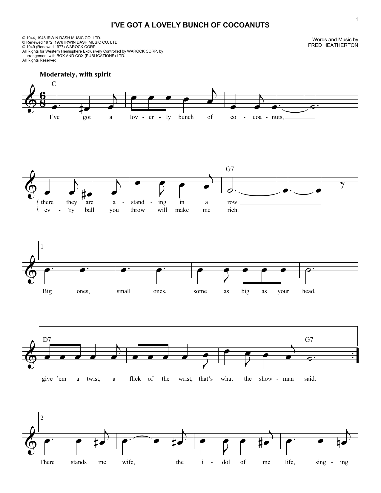 Fred Heatherton I've Got A Lovely Bunch Of Cocoanuts Sheet Music Notes & Chords for Melody Line, Lyrics & Chords - Download or Print PDF Fred Heatherton I've Got A Lovely Bunch Of Cocoanuts Sheet Music Notes & Chords for Melody Line, Lyrics & Chords - Download or Print PDF