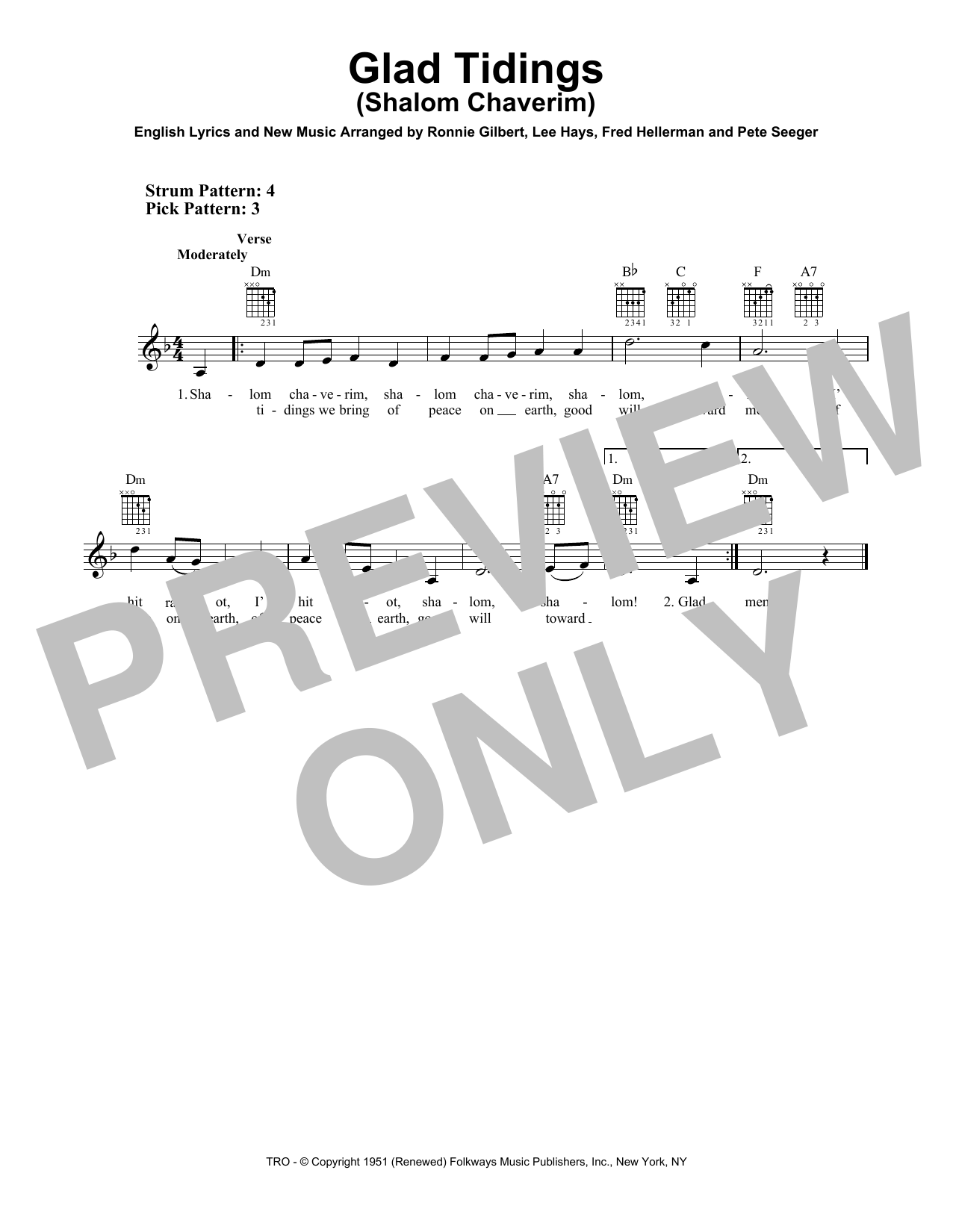 Fred Hellerman Glad Tidings (Shalom Chaverim) Sheet Music Notes & Chords for Easy Guitar - Download or Print PDF