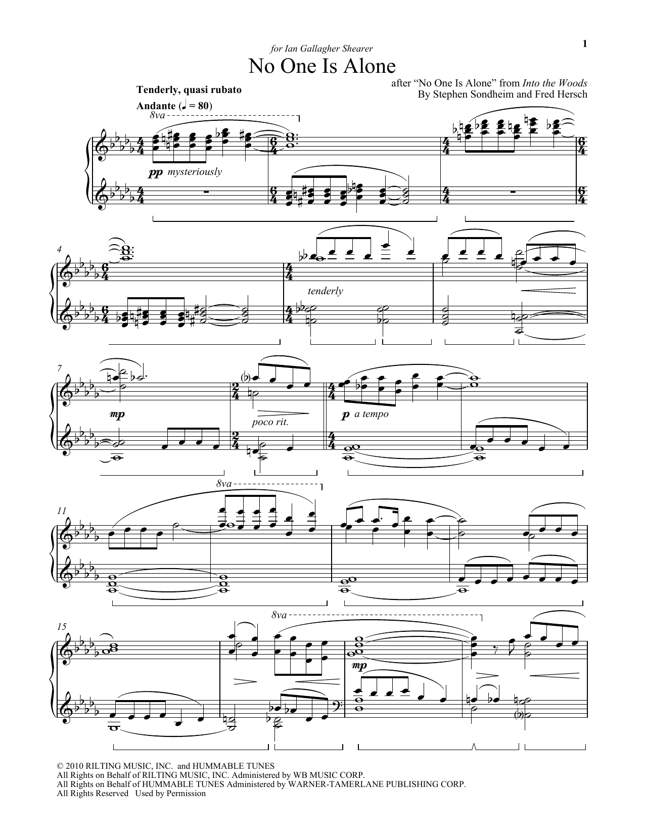 Fred Hersch No One Is Alone (from Into The Woods) Sheet Music Notes & Chords for Piano - Download or Print PDF