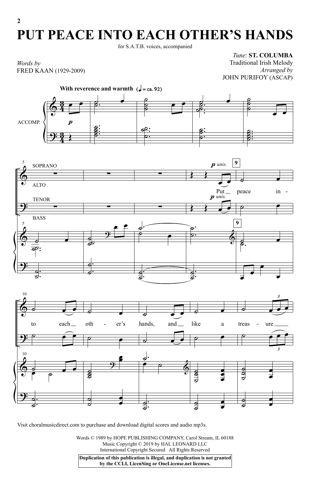 Fred Kaan Put Peace Into Each Other's Hands (arr. John Purifoy) Sheet Music Notes & Chords for SATB Choir - Download or Print PDF