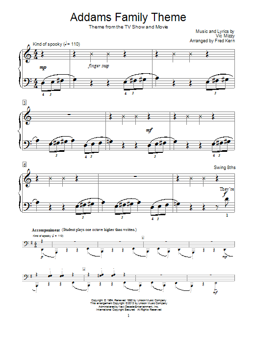Fred Kern The Addams Family Theme Sheet Music Notes & Chords for Educational Piano - Download or Print PDF