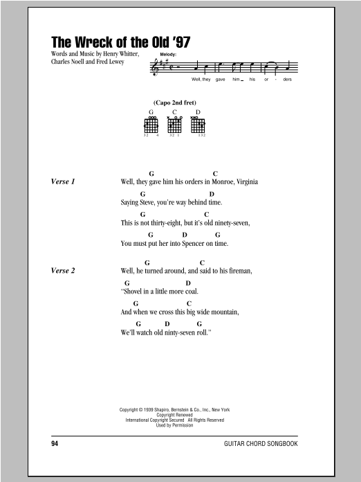 Fred Lewey The Wreck Of The Old '97 Sheet Music Notes & Chords for Guitar Chords/Lyrics - Download or Print PDF