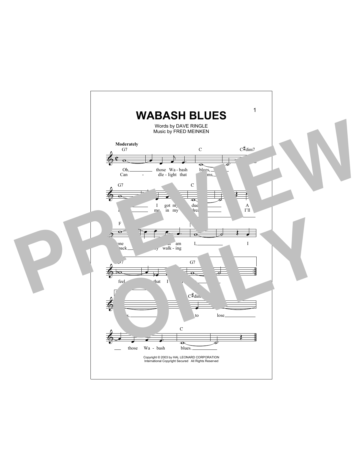 Fred Meinken Wabash Blues Sheet Music Notes & Chords for Melody Line, Lyrics & Chords - Download or Print PDF