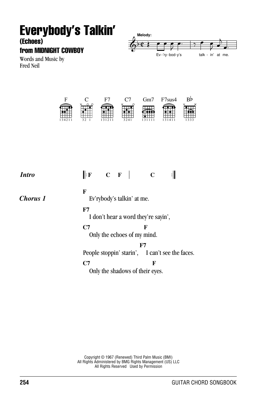 Fred Neil Everybody's Talkin' (Echoes) Sheet Music Notes & Chords for Lyrics & Chords - Download or Print PDF