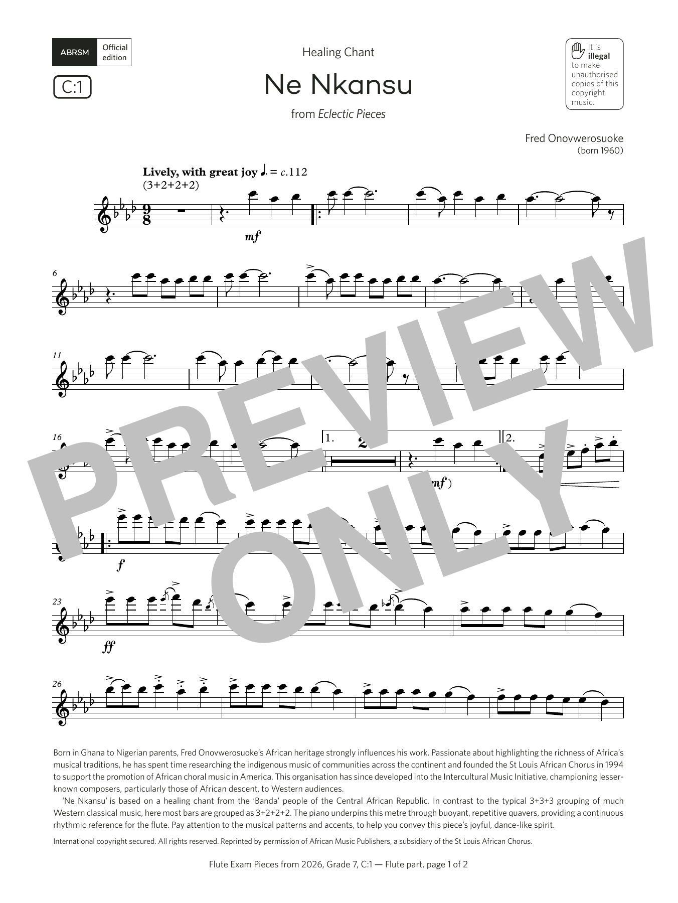 Fred Onovwerosuoke Ne Nkansu (Grade 7, list C1, from the ABRSM Flute Syllabus from 2026) Sheet Music Notes & Chords for Flute Solo - Download or Print PDF Fred Onovwerosuoke Ne Nkansu (Grade 7, list C1, from the ABRSM Flute Syllabus from 2026) Sheet Music Notes & Chords for Flute Solo - Download or Print PDF
