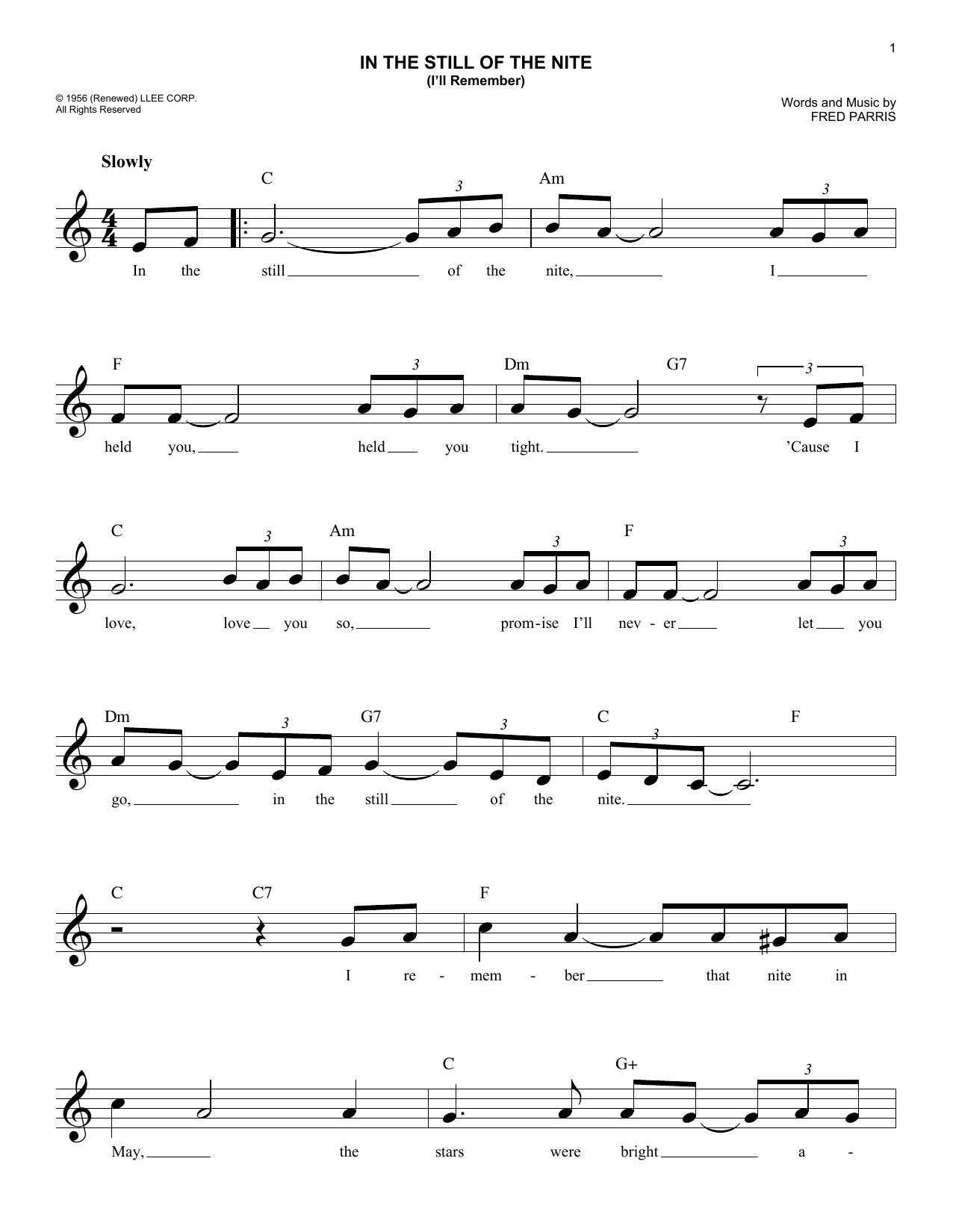 Fred Parris In The Still Of The Nite (I'll Remember) Sheet Music Notes & Chords for Melody Line, Lyrics & Chords - Download or Print PDF