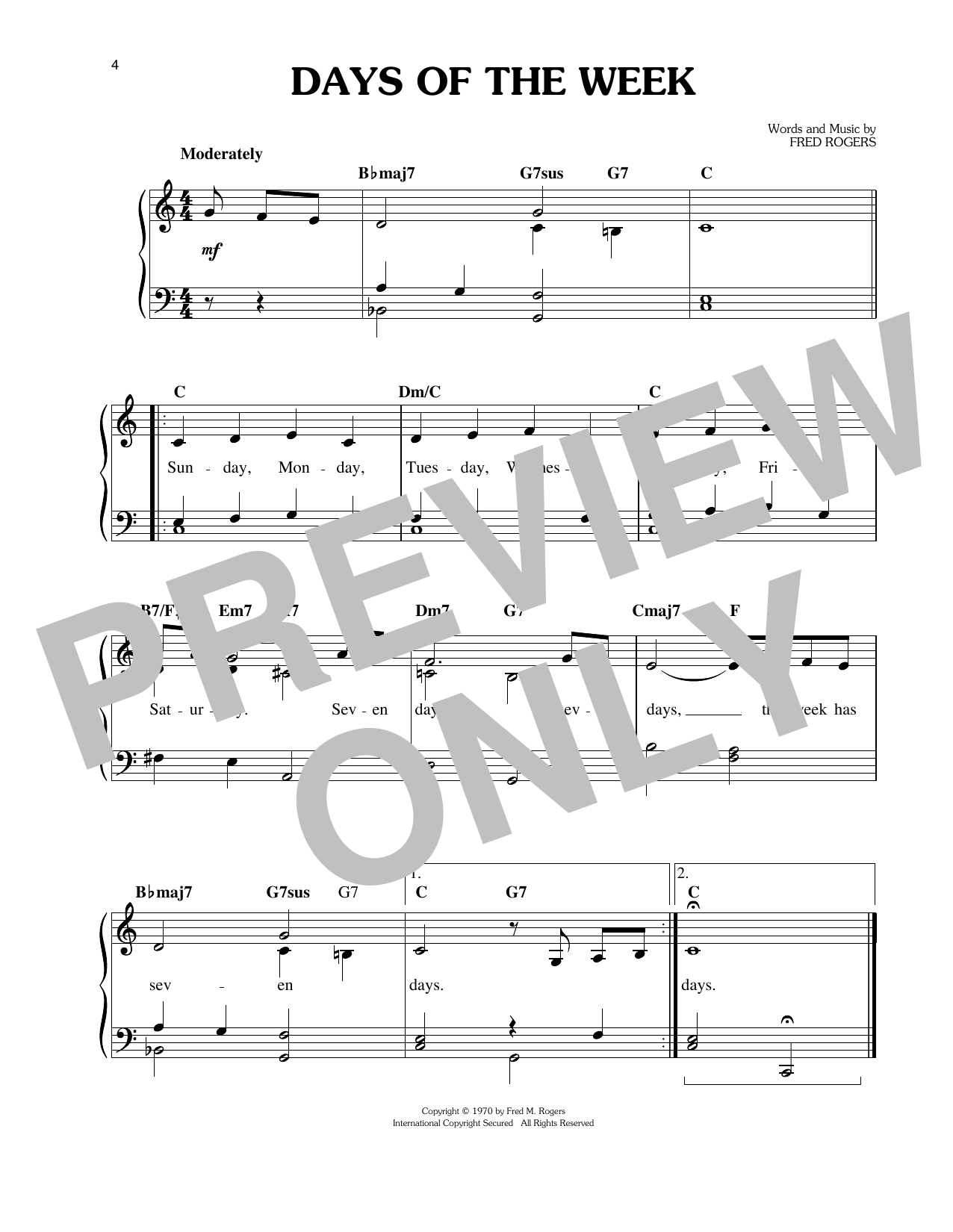 Fred Rogers Days Of The Week Sheet Music Notes & Chords for Easy Piano - Download or Print PDF