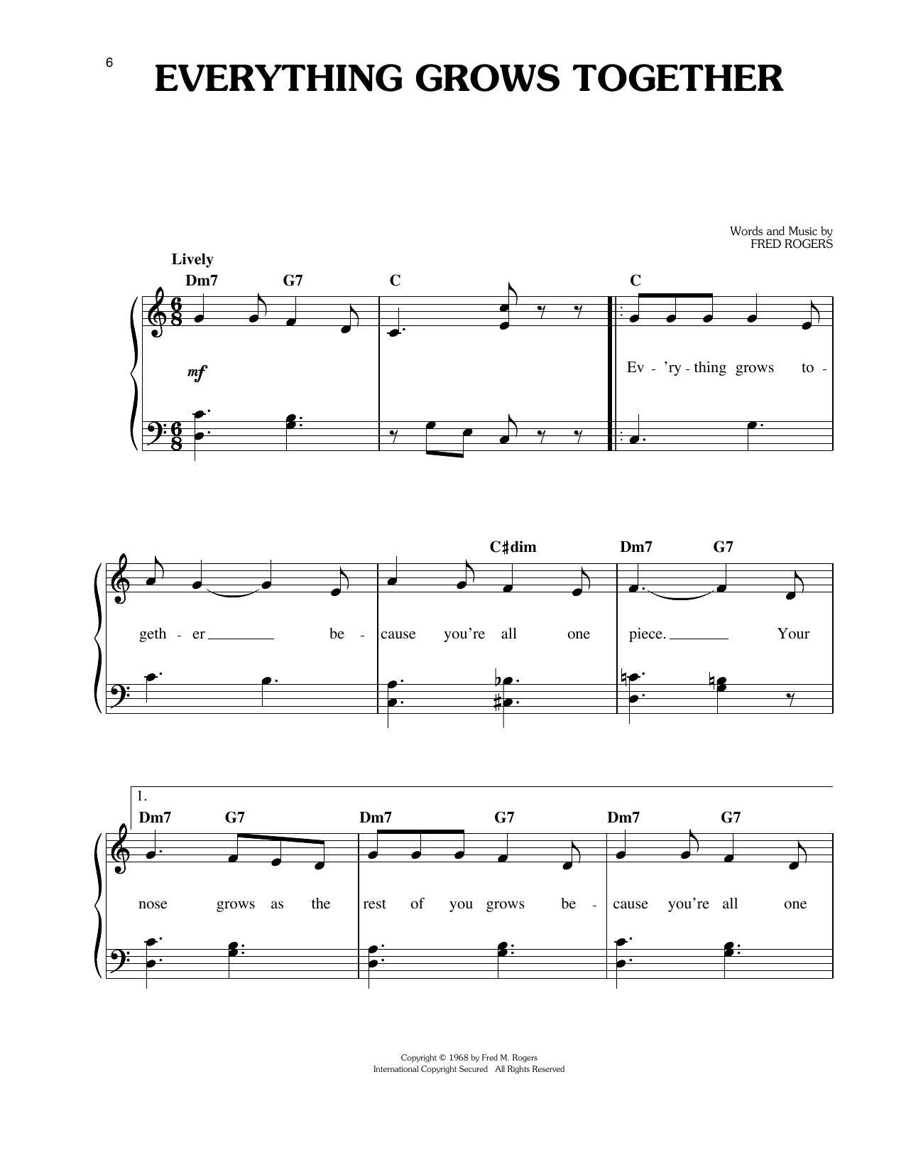 Fred Rogers Everything Grows Together Sheet Music Notes & Chords for Easy Piano - Download or Print PDF