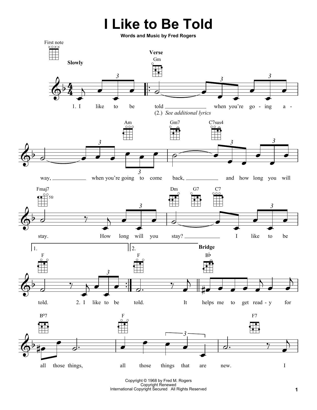 Fred Rogers I Like To Be Told (from Mister Rogers' Neighborhood) Sheet Music Notes & Chords for Ukulele - Download or Print PDF