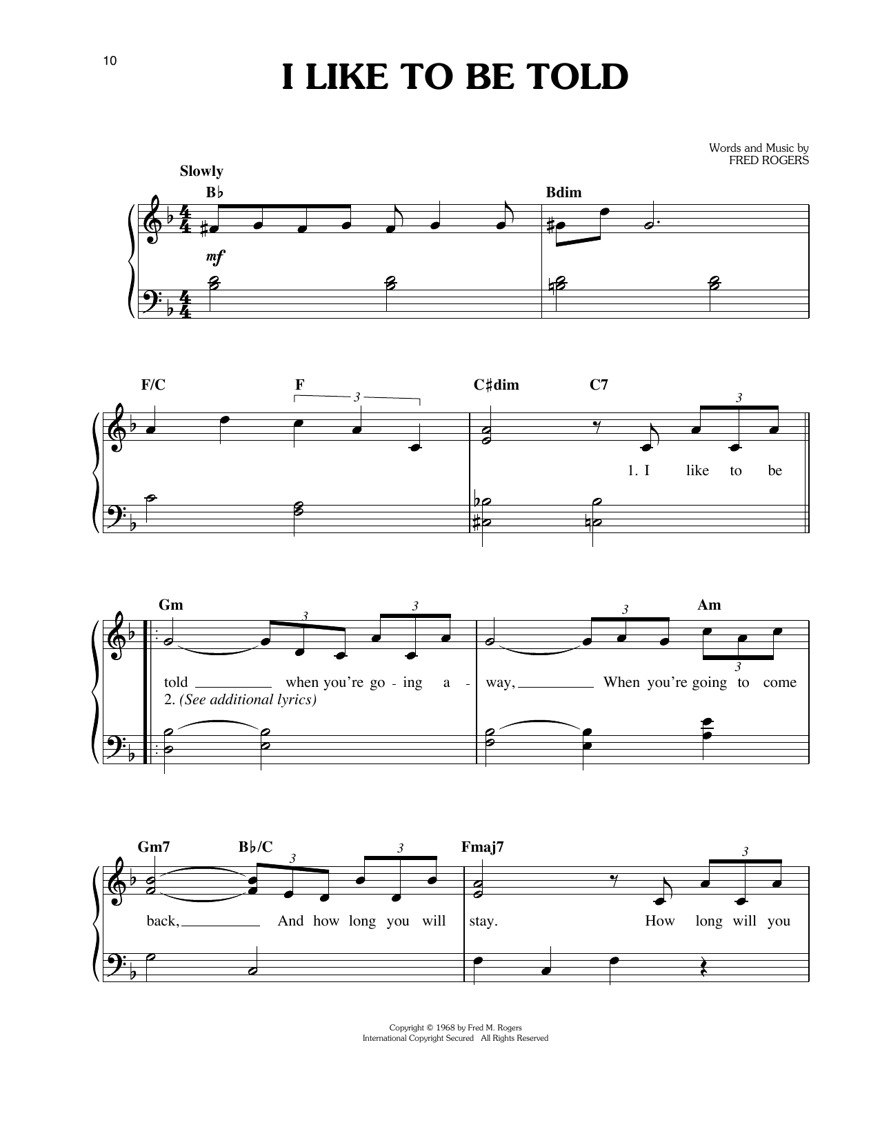 Fred Rogers I Like To Be Told Sheet Music Notes & Chords for Easy Piano - Download or Print PDF