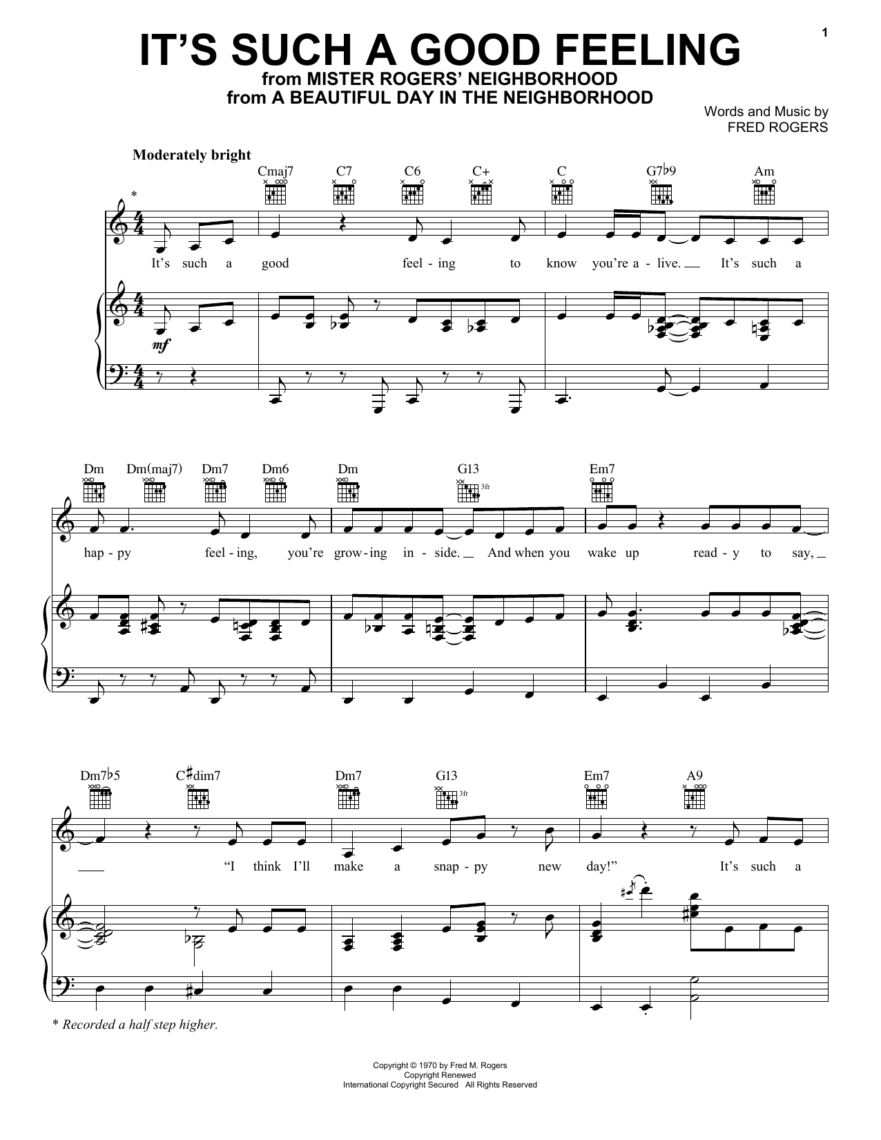 Fred Rogers It's Such A Good Feeling (from A Beautiful Day in the Neighborhood) Sheet Music Notes & Chords for Piano, Vocal & Guitar (Right-Hand Melody) - Download or Print PDF