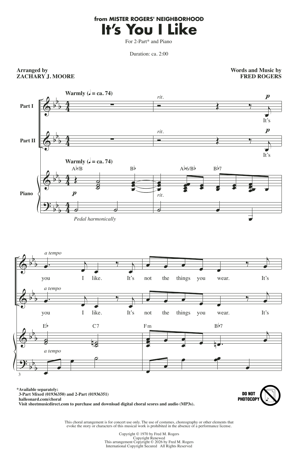 Fred Rogers It's You I Like (arr. Zachary J. Moore) Sheet Music Notes & Chords for 2-Part Choir - Download or Print PDF