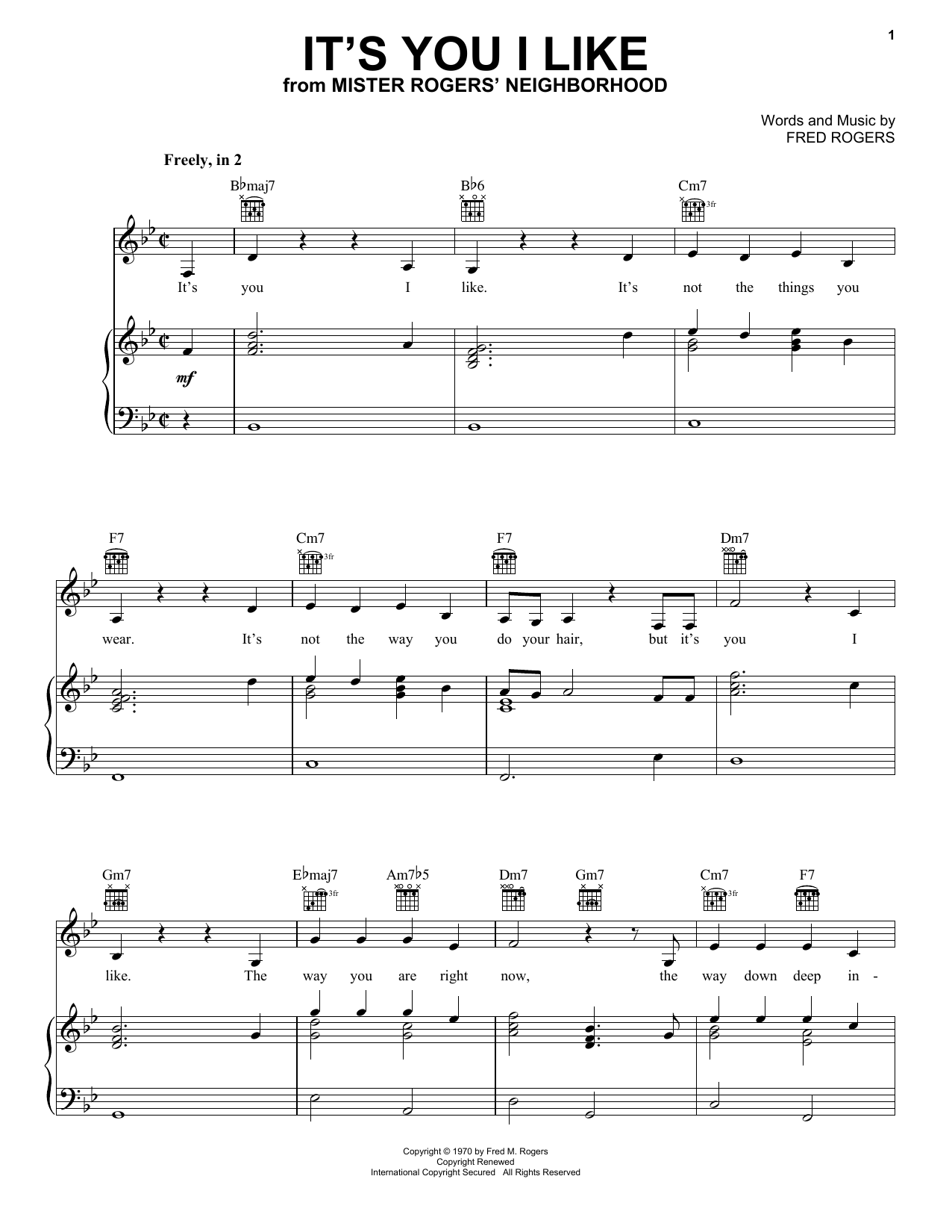 Fred Rogers It's You I Like Sheet Music Notes & Chords for Piano, Vocal & Guitar (Right-Hand Melody) - Download or Print PDF