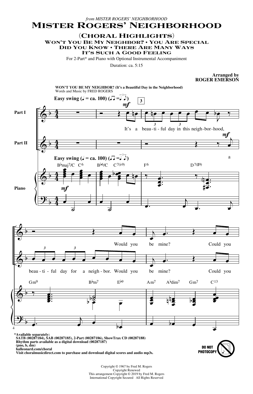 Fred Rogers Mister Rogers' Neighborhood (Choral Highlights) (arr. Roger Emerson) Sheet Music Notes & Chords for 2-Part Choir - Download or Print PDF