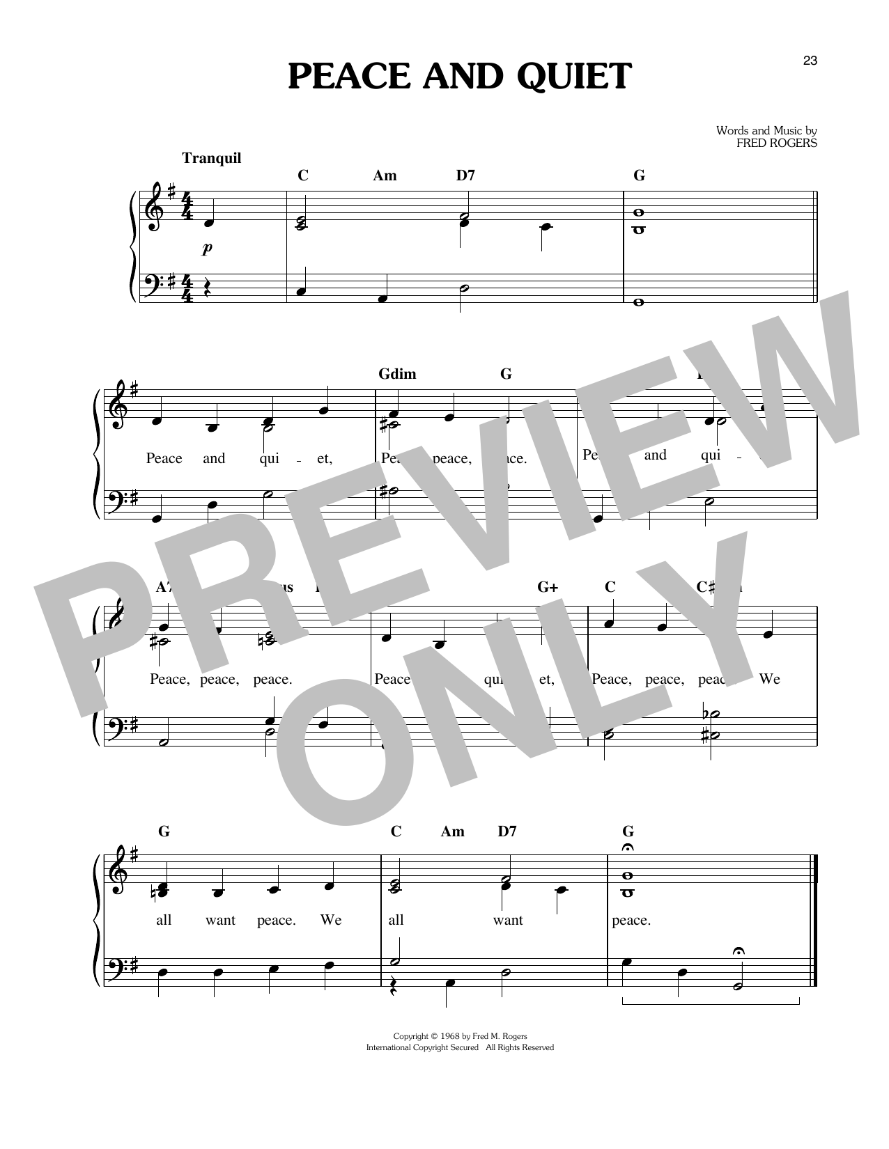 Fred Rogers Peace And Quiet Sheet Music Notes & Chords for Easy Piano - Download or Print PDF