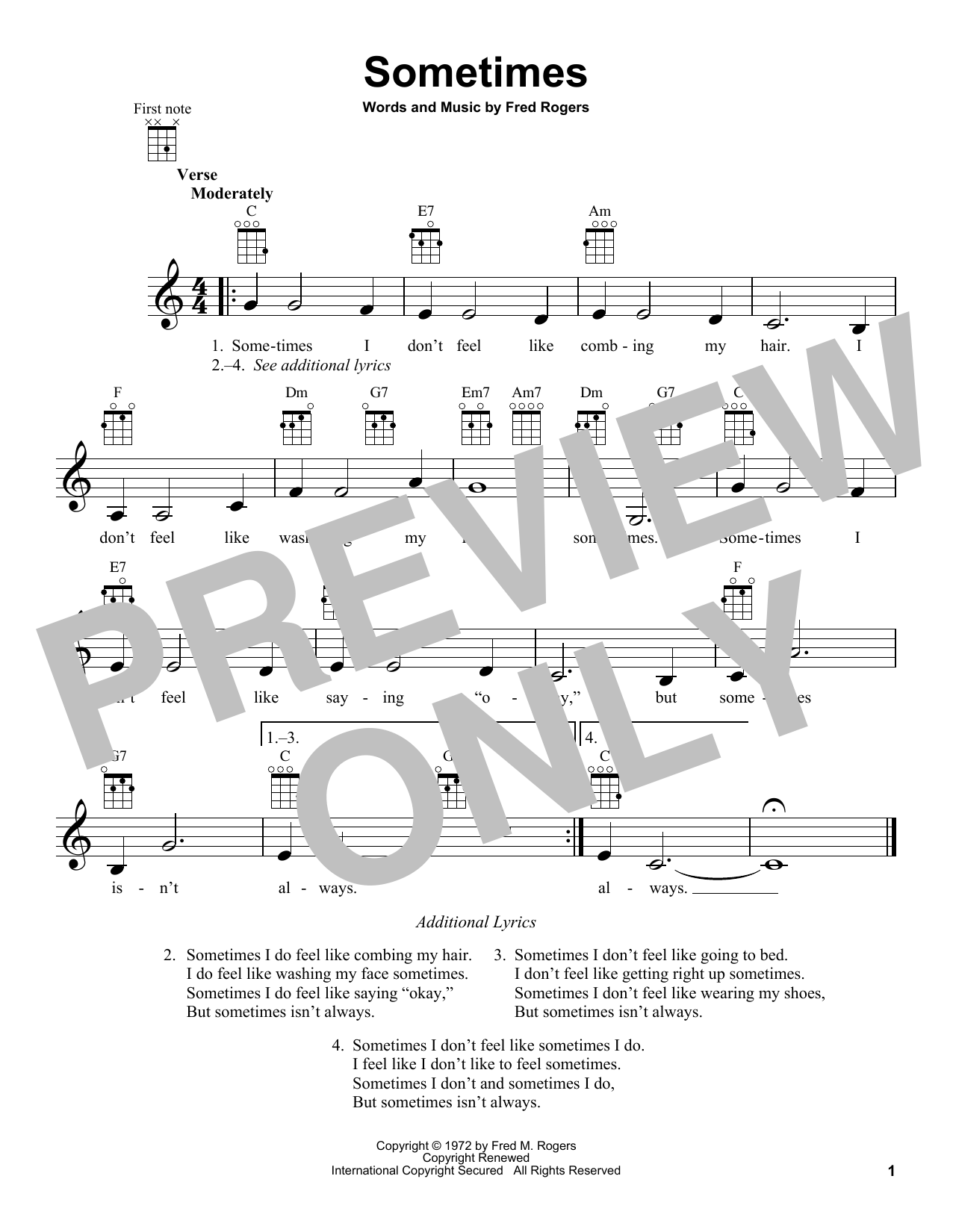 Fred Rogers Sometimes (from Mister Rogers' Neighborhood) Sheet Music Notes & Chords for Ukulele - Download or Print PDF