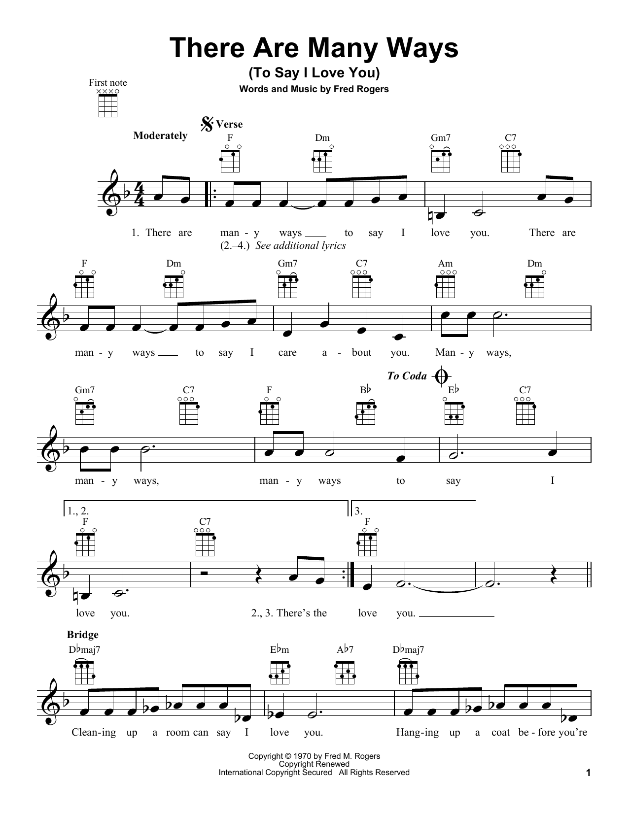 Fred Rogers There Are Many Ways (To Say I Love You) (from Mister Rogers' Neighborhood) Sheet Music Notes & Chords for Ukulele - Download or Print PDF