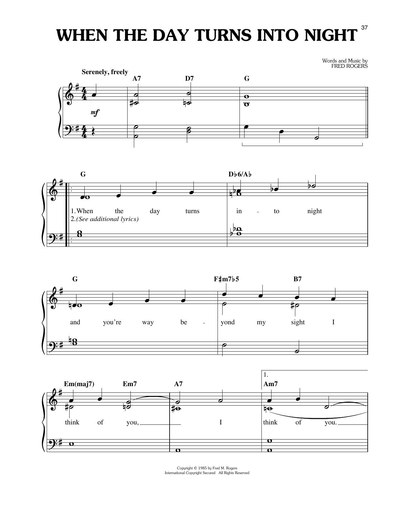 Fred Rogers When The Day Turns To Night Sheet Music Notes & Chords for Easy Piano - Download or Print PDF
