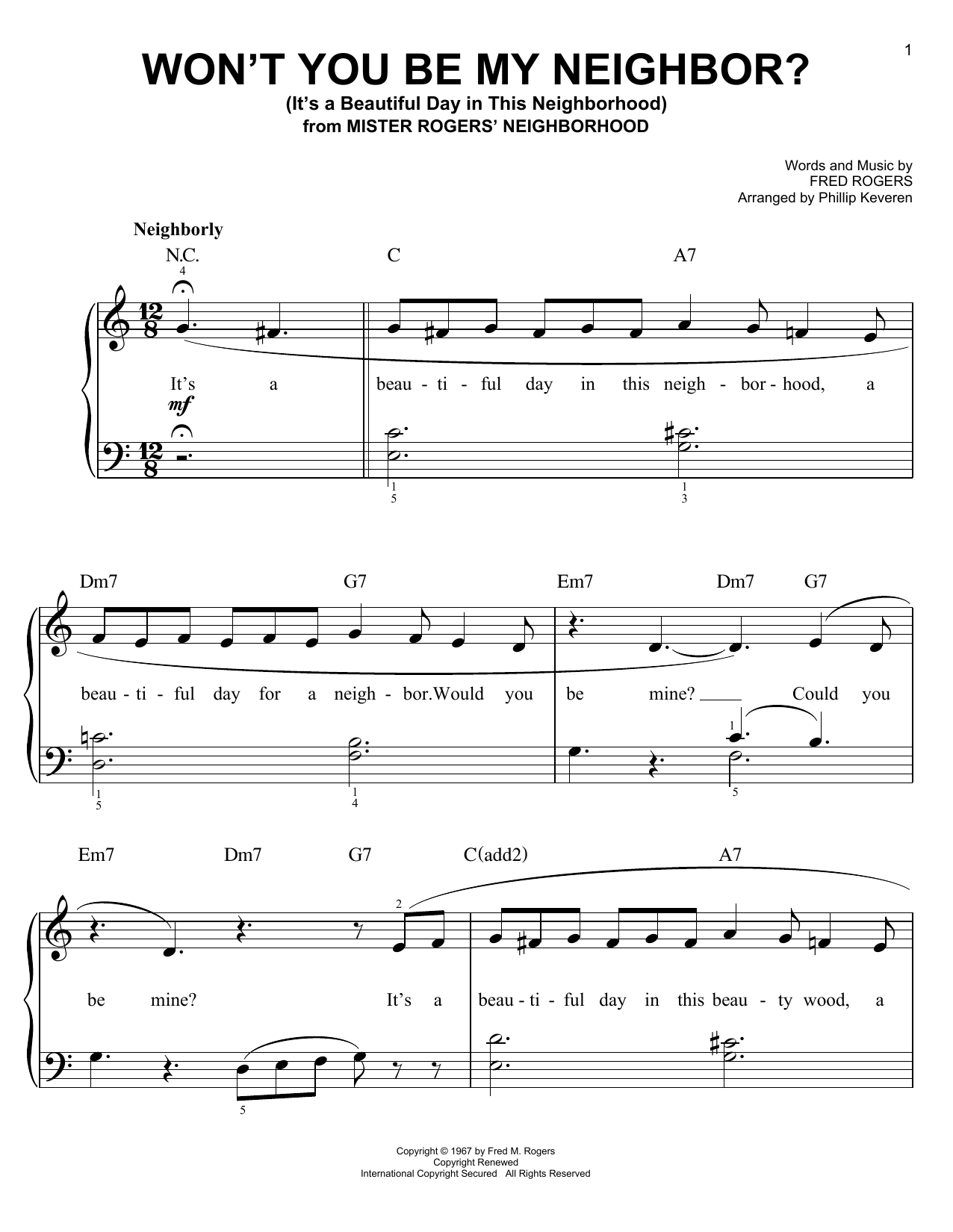 Fred Rogers Won't You Be My Neighbor? (It's A Beautiful Day In The Neighborhood) (arr. Phillip Keveren) Sheet Music Notes & Chords for Easy Piano - Download or Print PDF