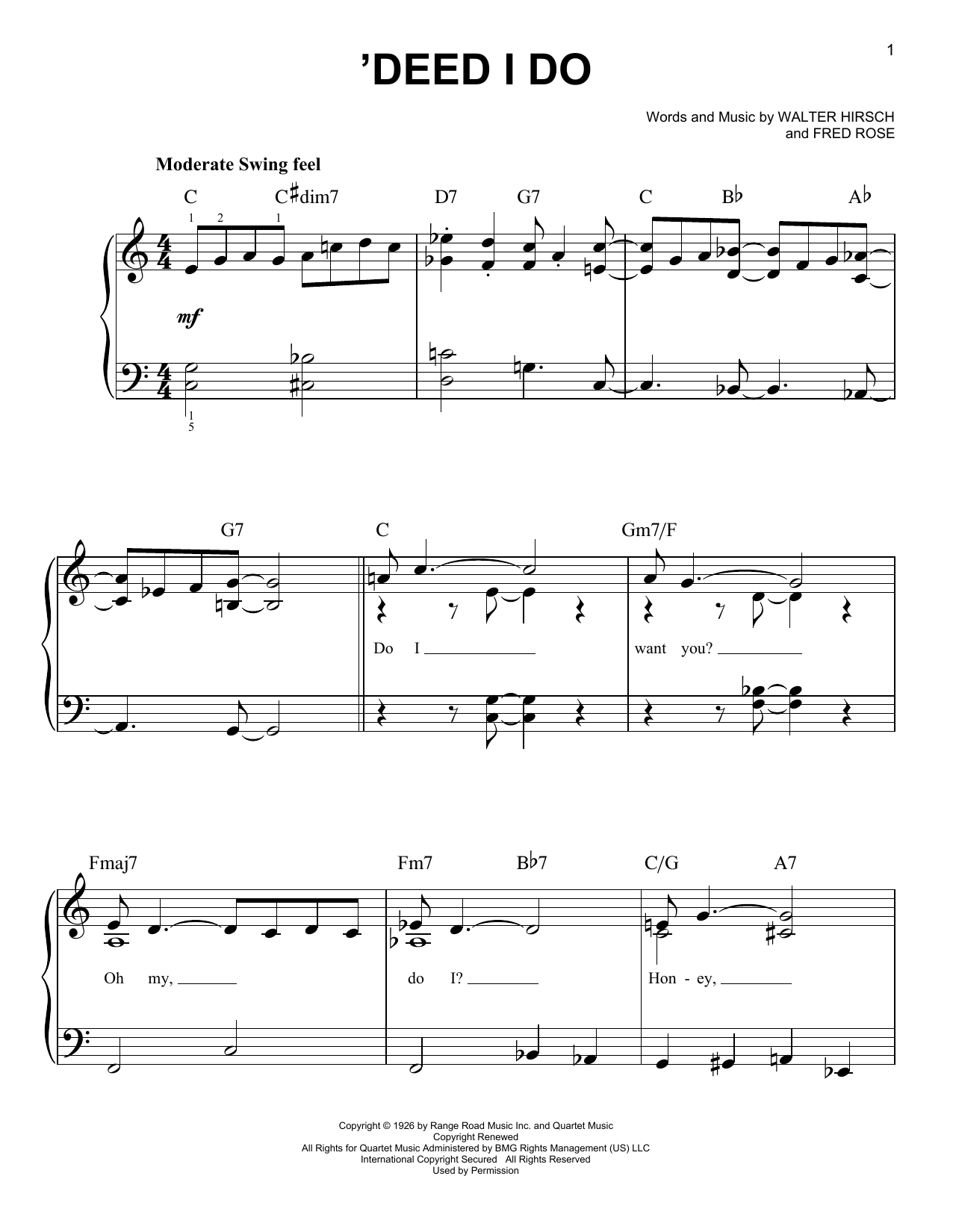 Fred Rose 'Deed I Do Sheet Music Notes & Chords for Easy Piano - Download or Print PDF