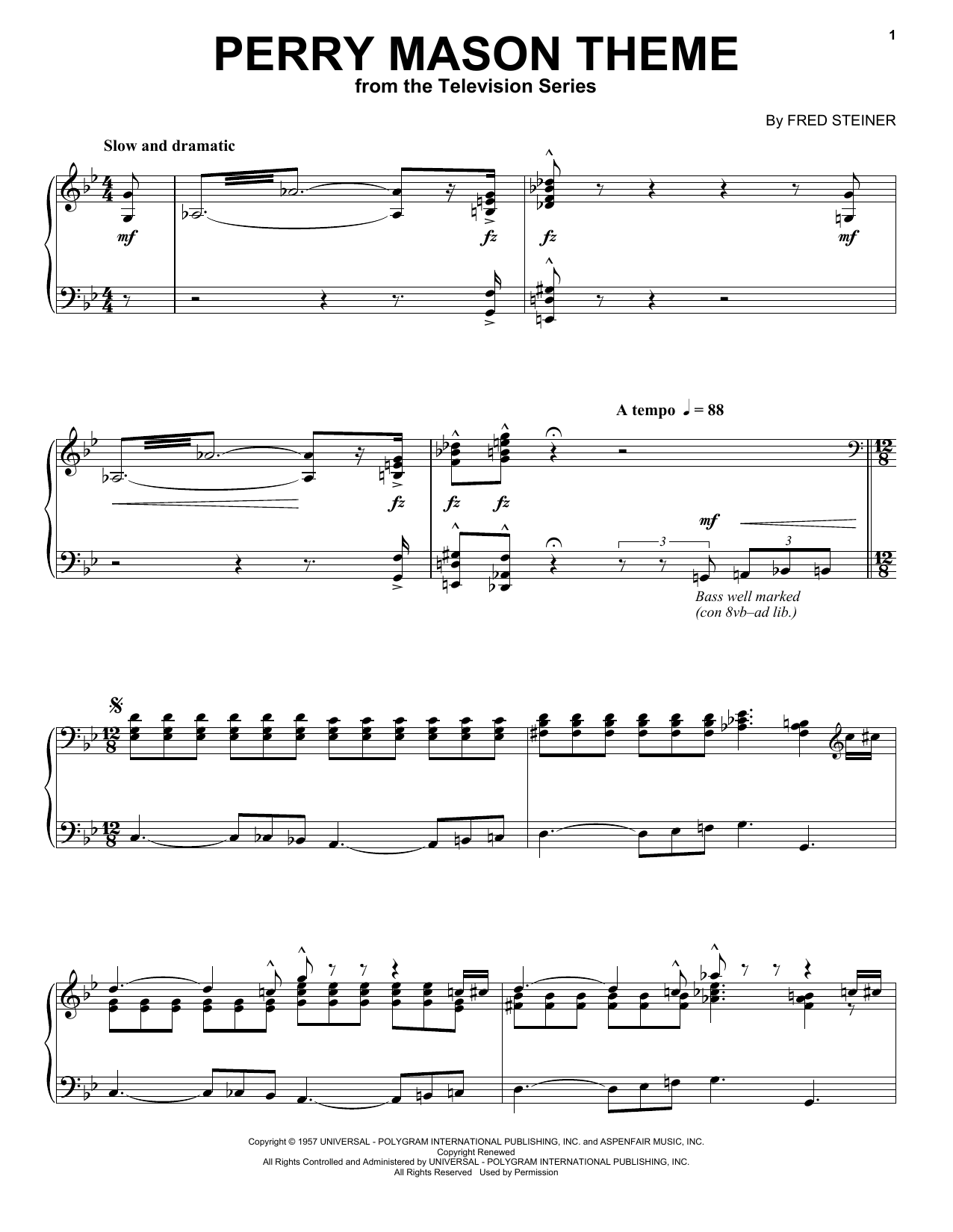 Fred Steiner Perry Mason Theme Sheet Music Notes & Chords for Piano - Download or Print PDF