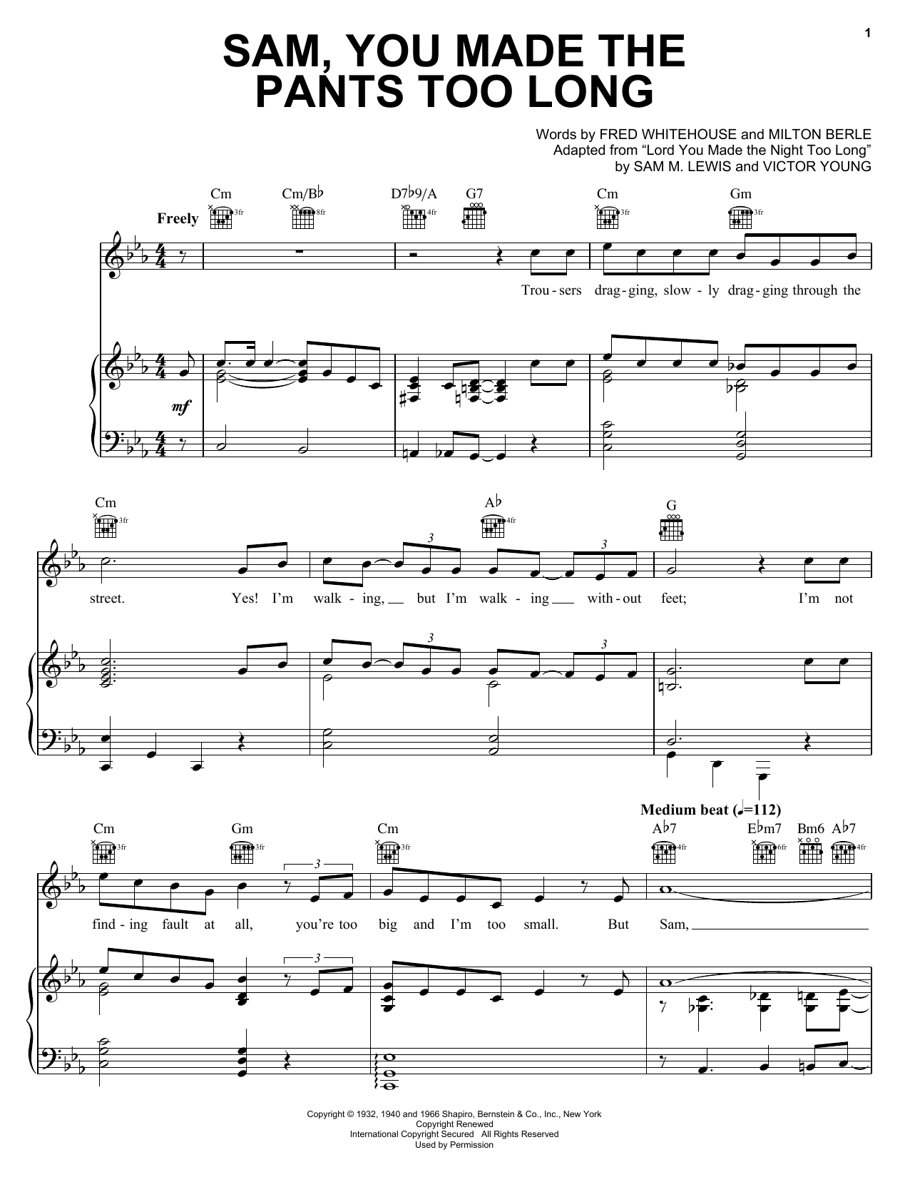 Fred Whitehouse Sam, You Made The Pants Too Long Sheet Music Notes & Chords for Piano, Vocal & Guitar (Right-Hand Melody) - Download or Print PDF