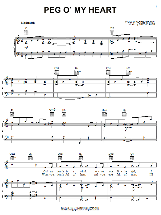 Preview Fred Fisher Peg O' My Heart World sheet music, notes and chords for Piano, Vocal & Guitar (Right-Hand Melody), SKU: 25954 Peg O' My Heart sheet music