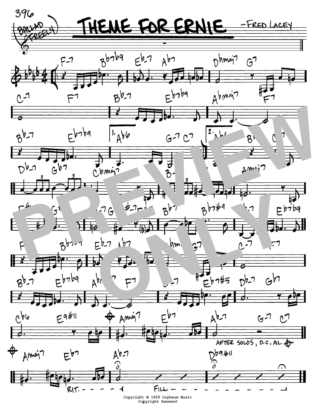 Preview Fred Lacey Theme For Ernie Jazz sheet music, notes and chords for Real Book - Melody & Chords - C Instruments, SKU: 60864 Theme For Ernie sheet music