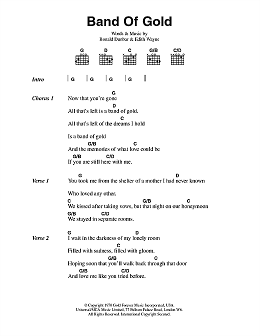Preview Freda Payne Band Of Gold Pop sheet music, notes and chords for Piano, Vocal & Guitar (Right-Hand Melody), SKU: 51048 Band Of Gold sheet music