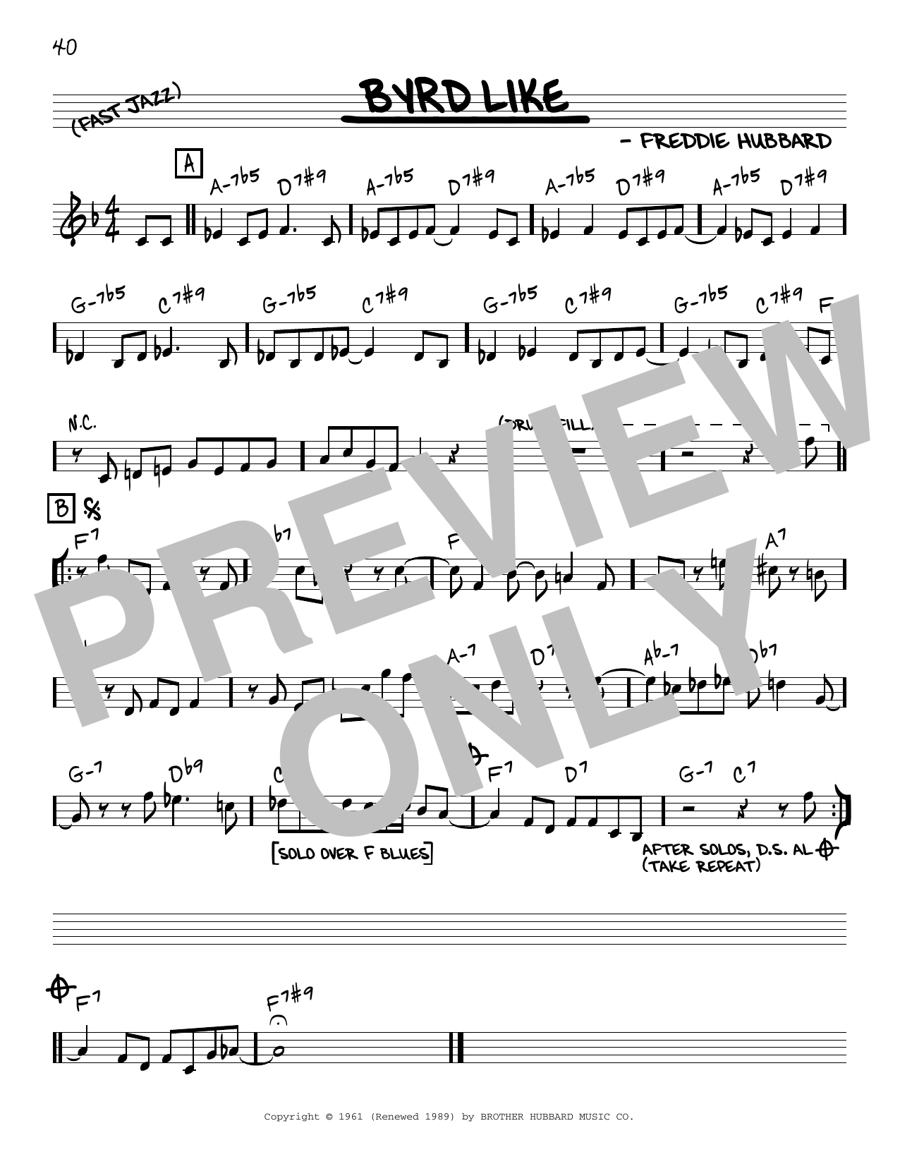 Freddie Hubbard Byrd Like Sheet Music Notes & Chords for Real Book – Melody & Chords - Download or Print PDF