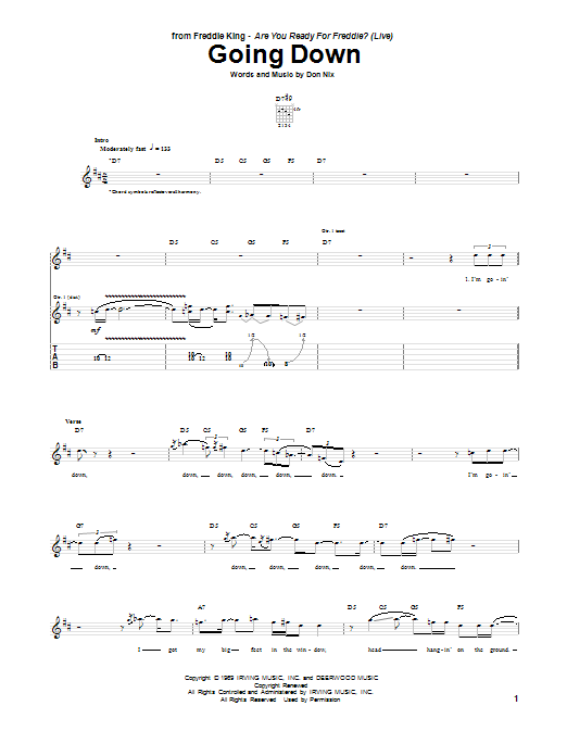 Freddie King Going Down Sheet Music Notes & Chords for Guitar Tab - Download or Print PDF