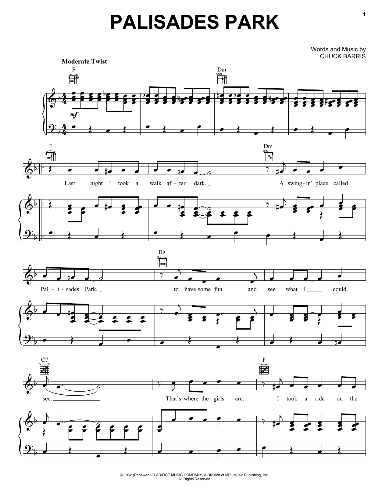 Freddy Cannon Palisades Park Sheet Music Notes & Chords for Piano, Vocal & Guitar Chords (Right-Hand Melody) - Download or Print PDF