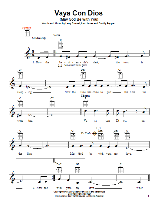 Freddy Fender Vaya Con Dios (May God Be With You) Sheet Music Notes & Chords for Ukulele - Download or Print PDF
