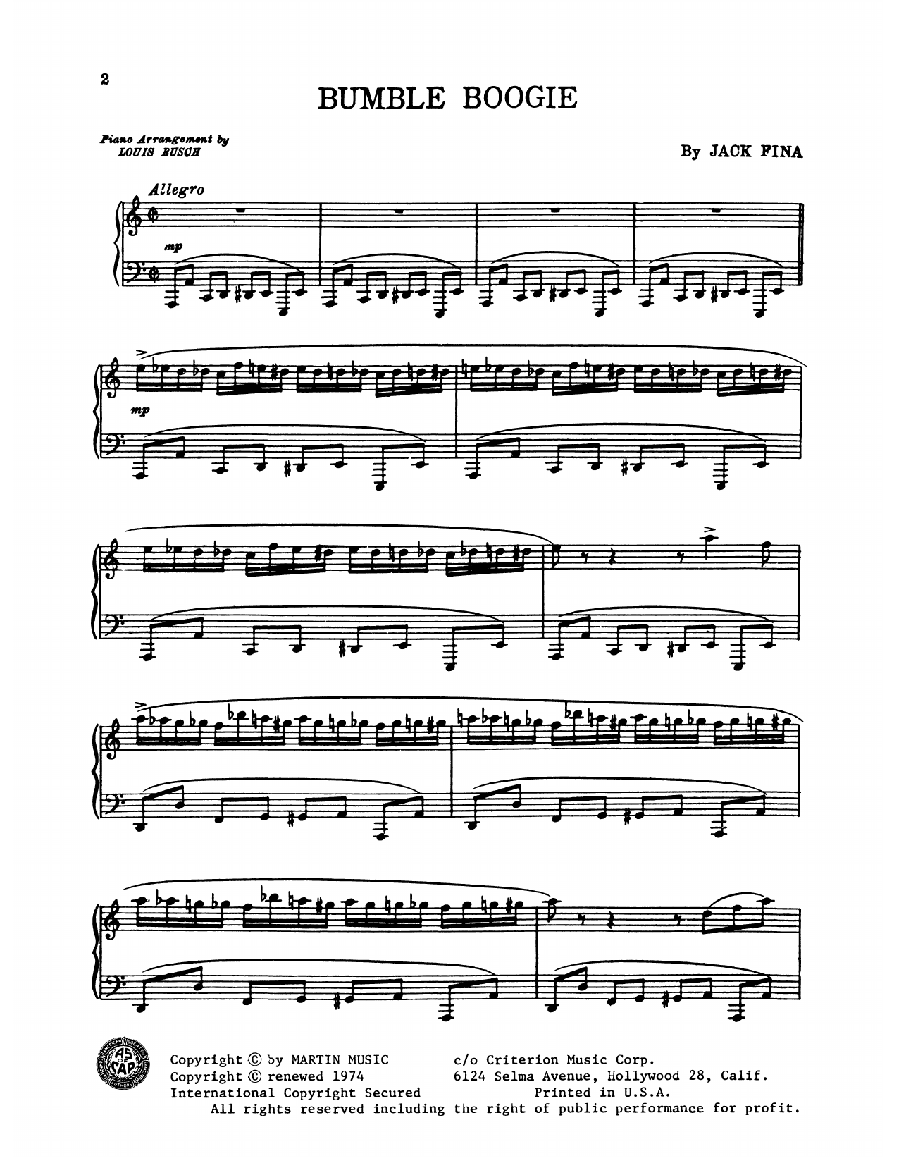 Freddy Martin and His Orchestra Bumble Boogie Sheet Music Notes & Chords for Piano Solo - Download or Print PDF