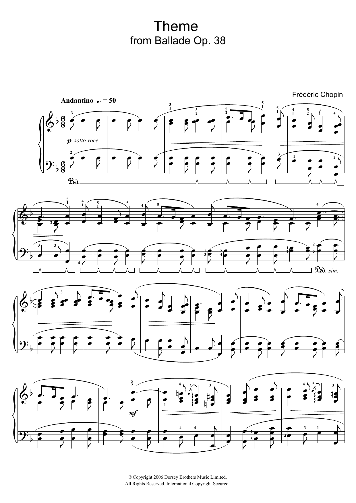 Frédéric Chopin Ballade Op. 38 (Theme) Sheet Music Notes & Chords for Piano - Download or Print PDF