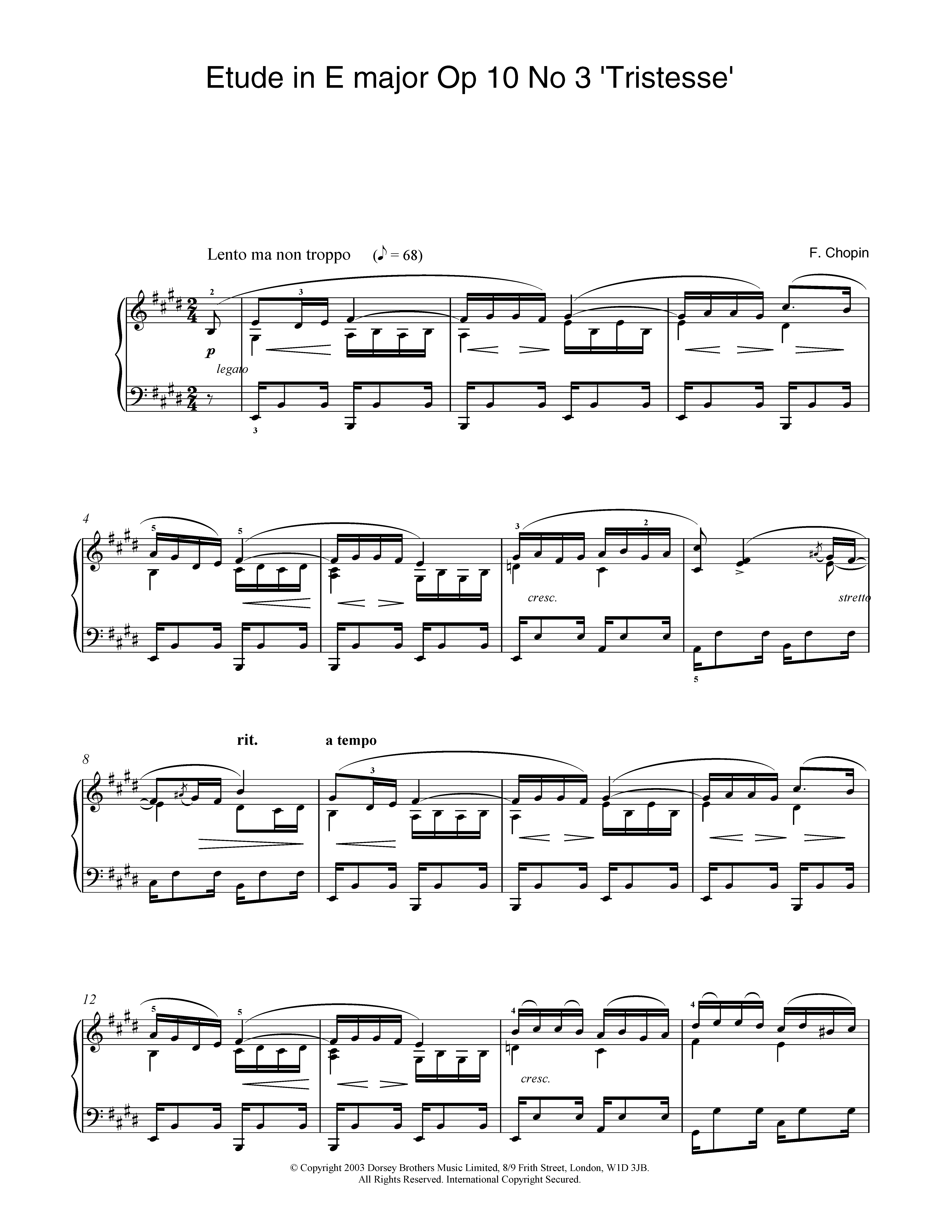 Frederic Chopin Etude In E Major, Op. 10, No. 3 (Tristesse) Sheet Music Notes & Chords for Piano - Download or Print PDF