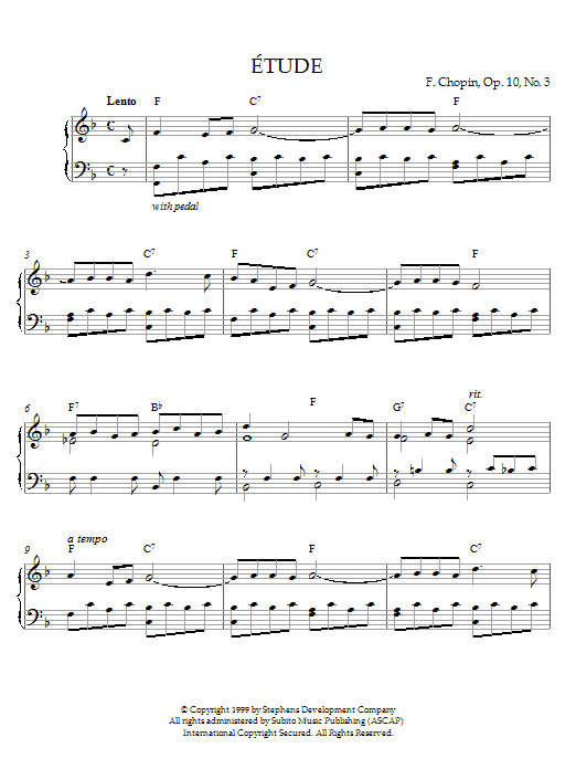 Frederic Chopin Etude In F Major, Op. 10, No. 3 (originally E Major) Sheet Music Notes & Chords for Piano - Download or Print PDF