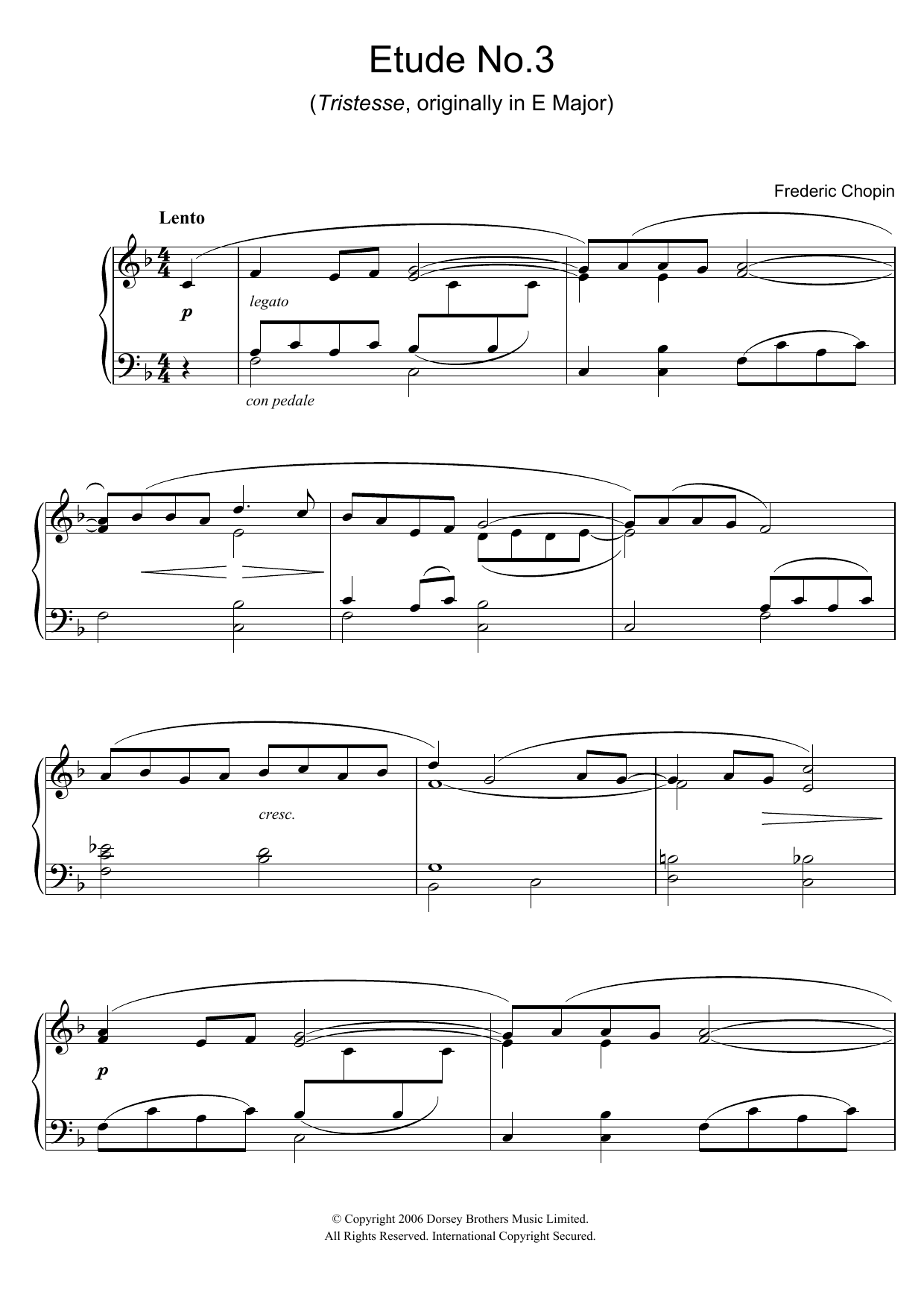 Frederic Chopin Etude in F Major, Op.10, No.3 (Tristesse) (originally E Major) Sheet Music Notes & Chords for Easy Piano - Download or Print PDF