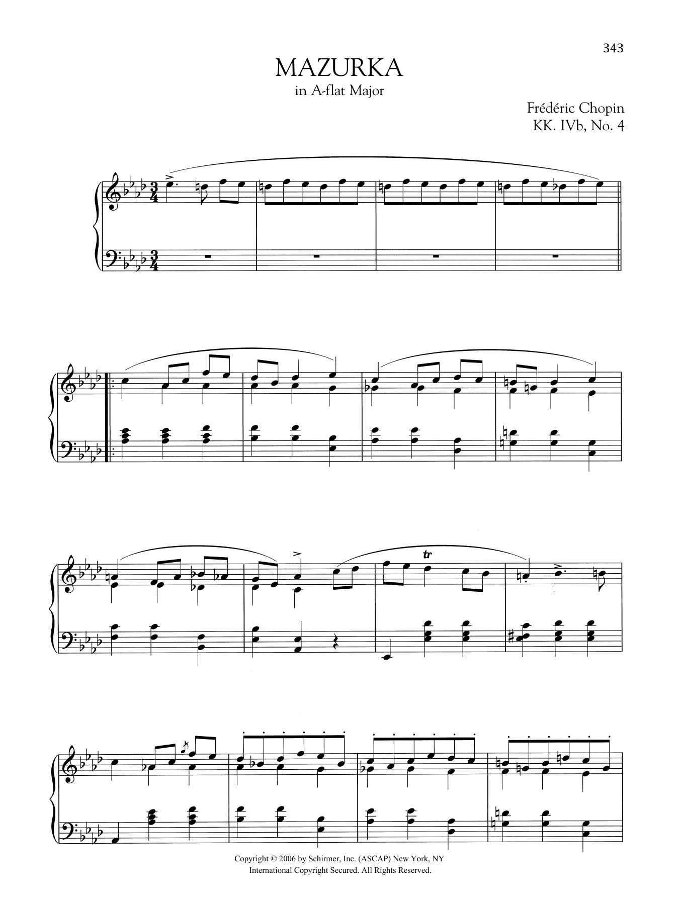 Frédéric Chopin Mazurka in A-flat Major, KK. IVb, No. 4 Sheet Music Notes & Chords for Piano Solo - Download or Print PDF