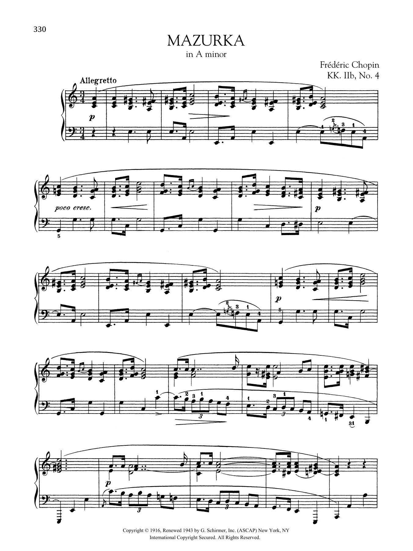 Frederic Chopin Mazurka In A Minor, KK IIb, No. 4 Sheet Music Notes & Chords for Piano Solo - Download or Print PDF