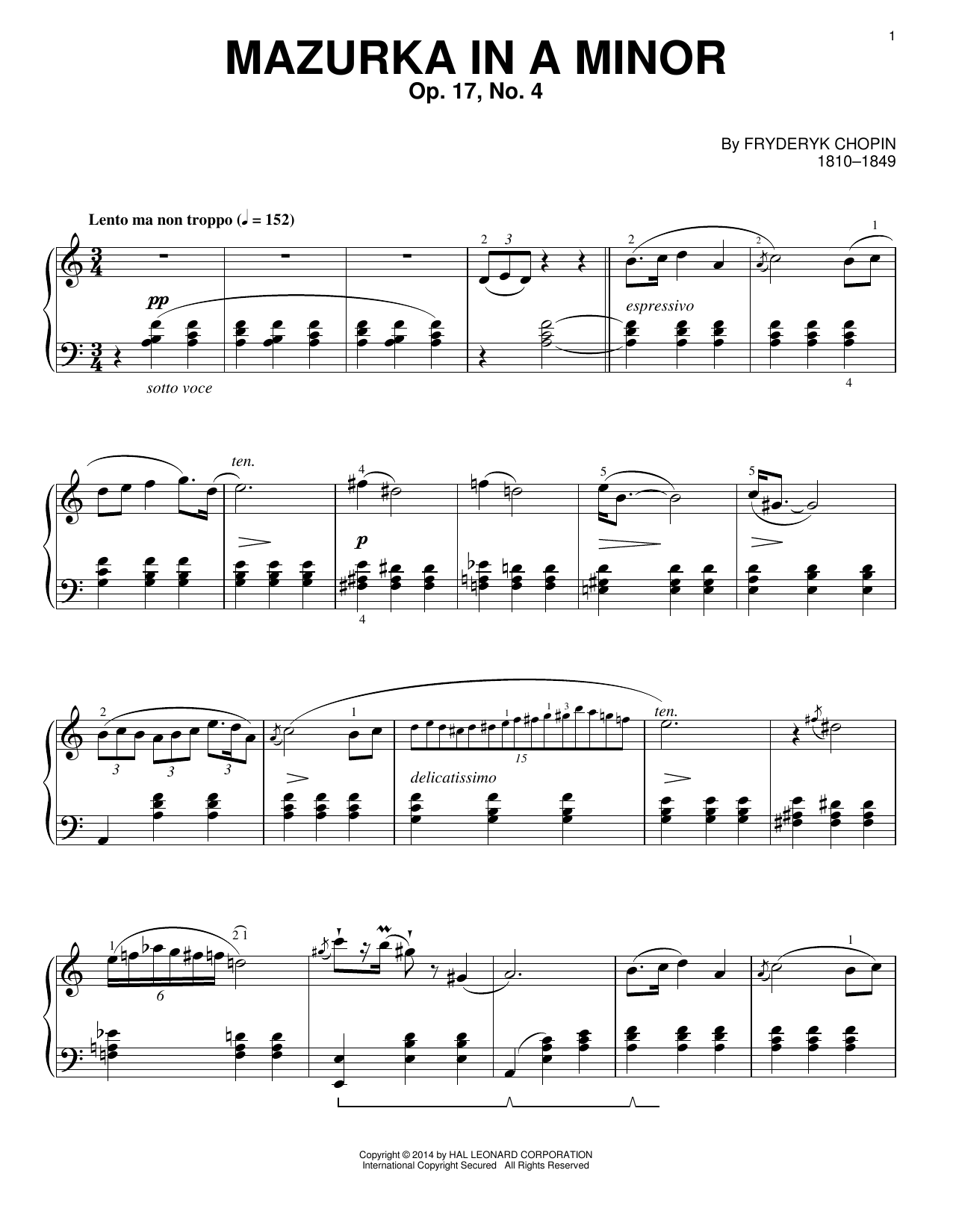 Frédéric Chopin Mazurka in A minor, Op. 17, No. 4 Sheet Music Notes & Chords for Piano Solo - Download or Print PDF