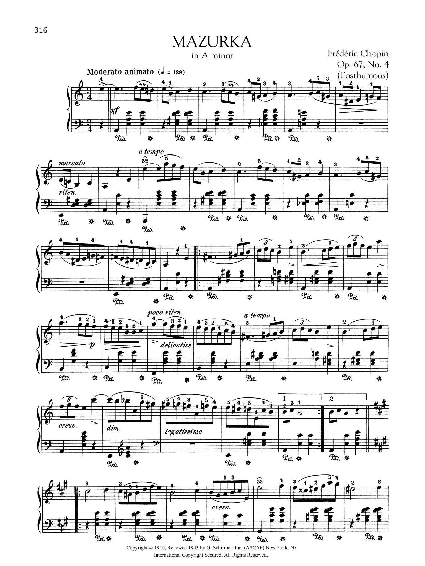 Frédéric Chopin Mazurka in A minor, Op. 67, No. 4 (Posthumous) Sheet Music Notes & Chords for Piano Solo - Download or Print PDF