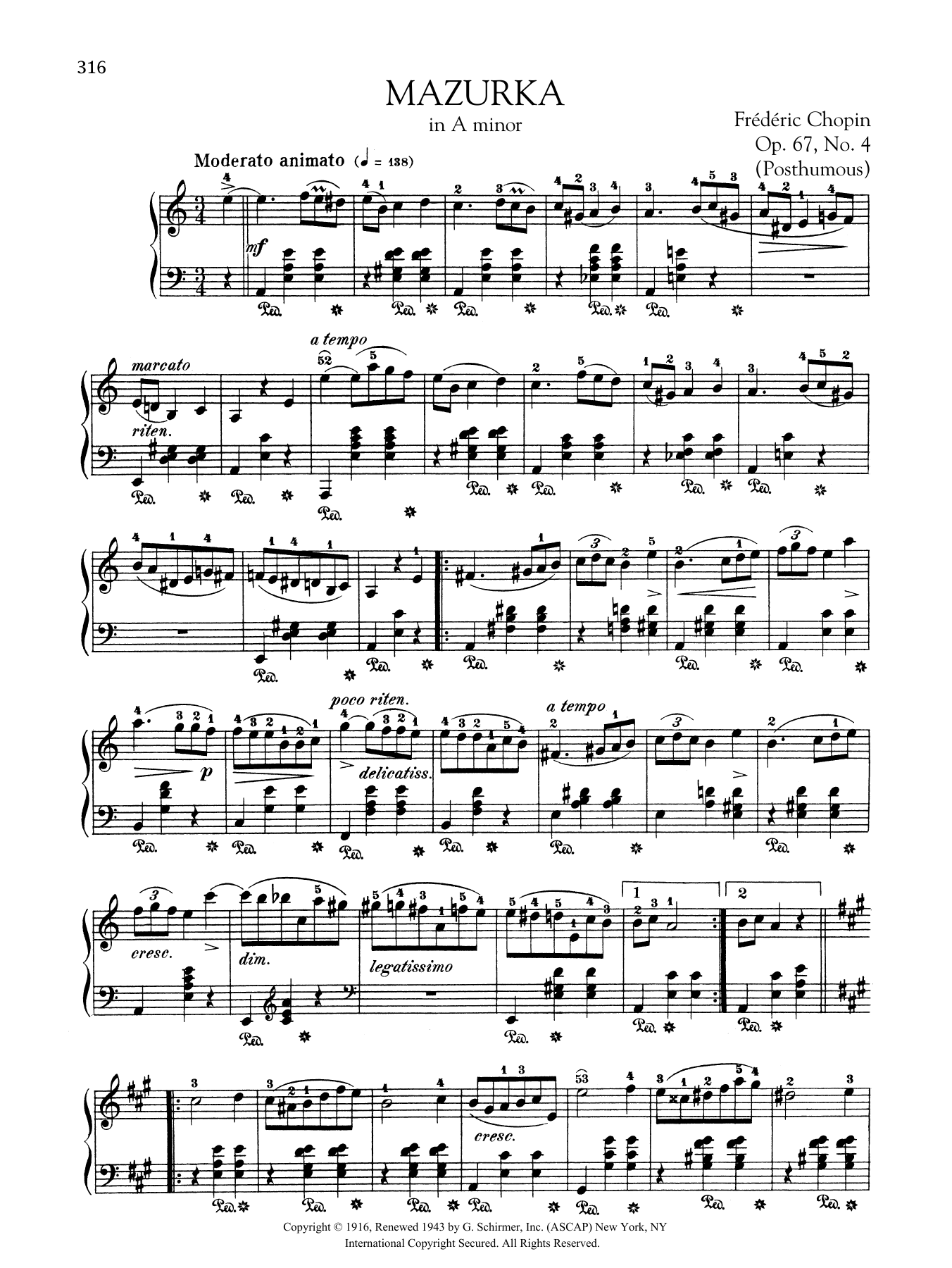 Frédéric Chopin Mazurka in A minor, Op. 67, No. 4 (Posthumous) sheet music notes and chords. Download Printable PDF.
