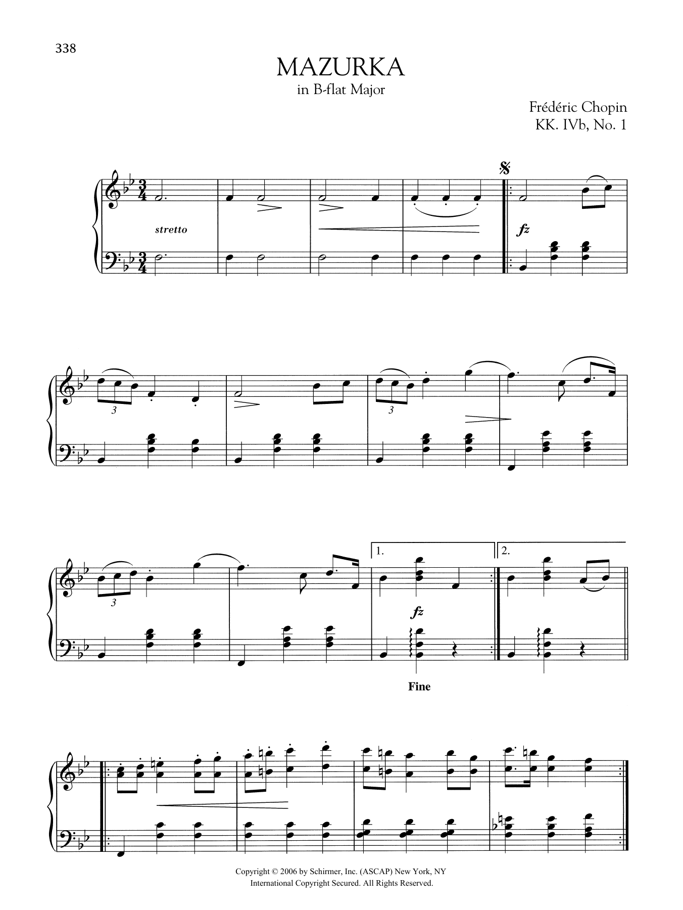 Frédéric Chopin Mazurka in B-flat Major, KK. IVb, No. 1 Sheet Music Notes & Chords for Piano Solo - Download or Print PDF