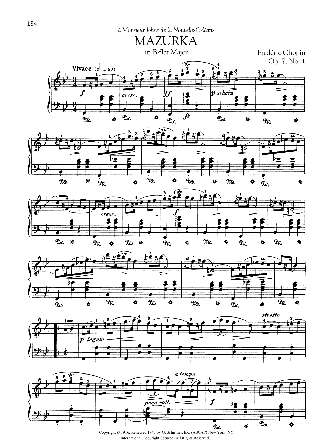 Frédéric Chopin Mazurka In B-Flat Major, Op. 7, No. 1 Sheet Music Notes & Chords for Piano Solo - Download or Print PDF