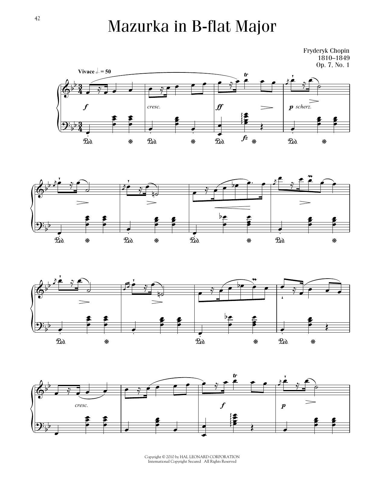 Frédéric Chopin Mazurka In B-Flat Major, Op. 7, No. 1 Sheet Music Notes & Chords for Piano Solo - Download or Print PDF